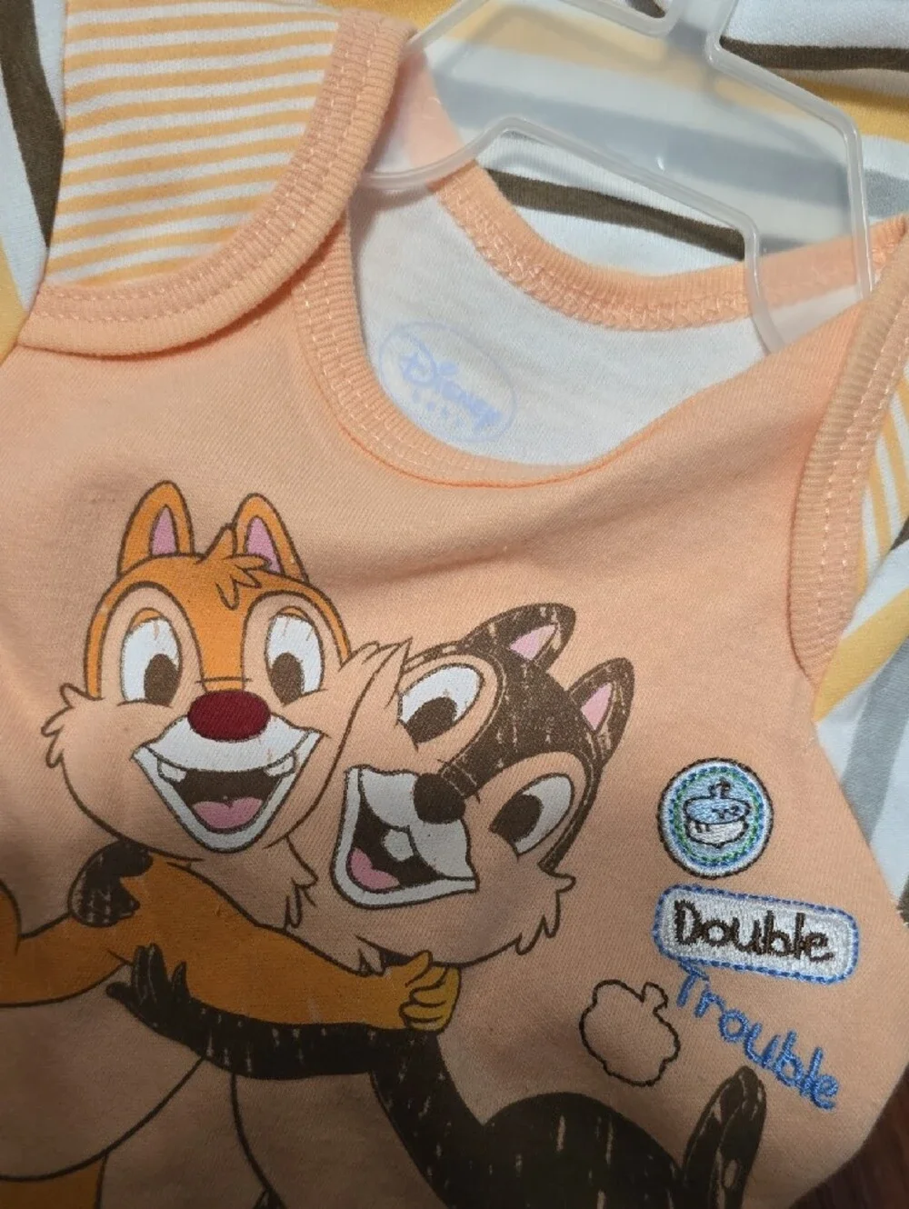 Disney Peach Chip and Dale Graphic Bodysuit with Yellow and Brown Stripes TWIN